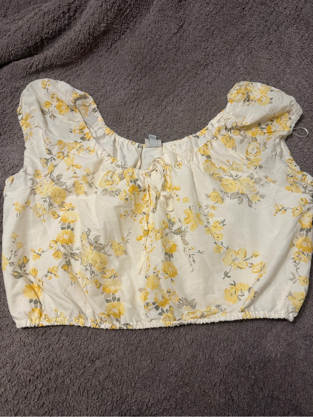 Women's Yellow Floral Puff-Sleeve Crop Top XL